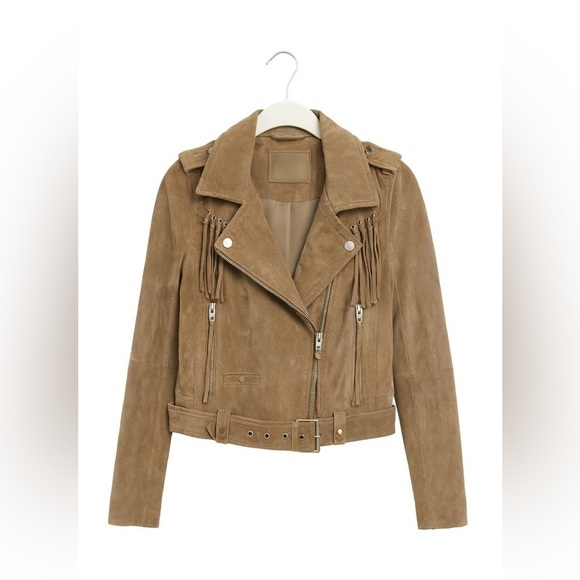 Blank NYC Jackets & Blazers - BLANKNYC Suede Leather Green Moto Jacket with Fringe, Size S
